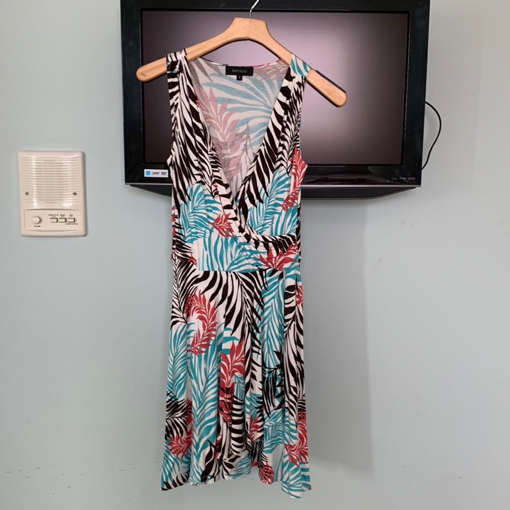 Tropics palm leaf sleeveless crossover neckline dress